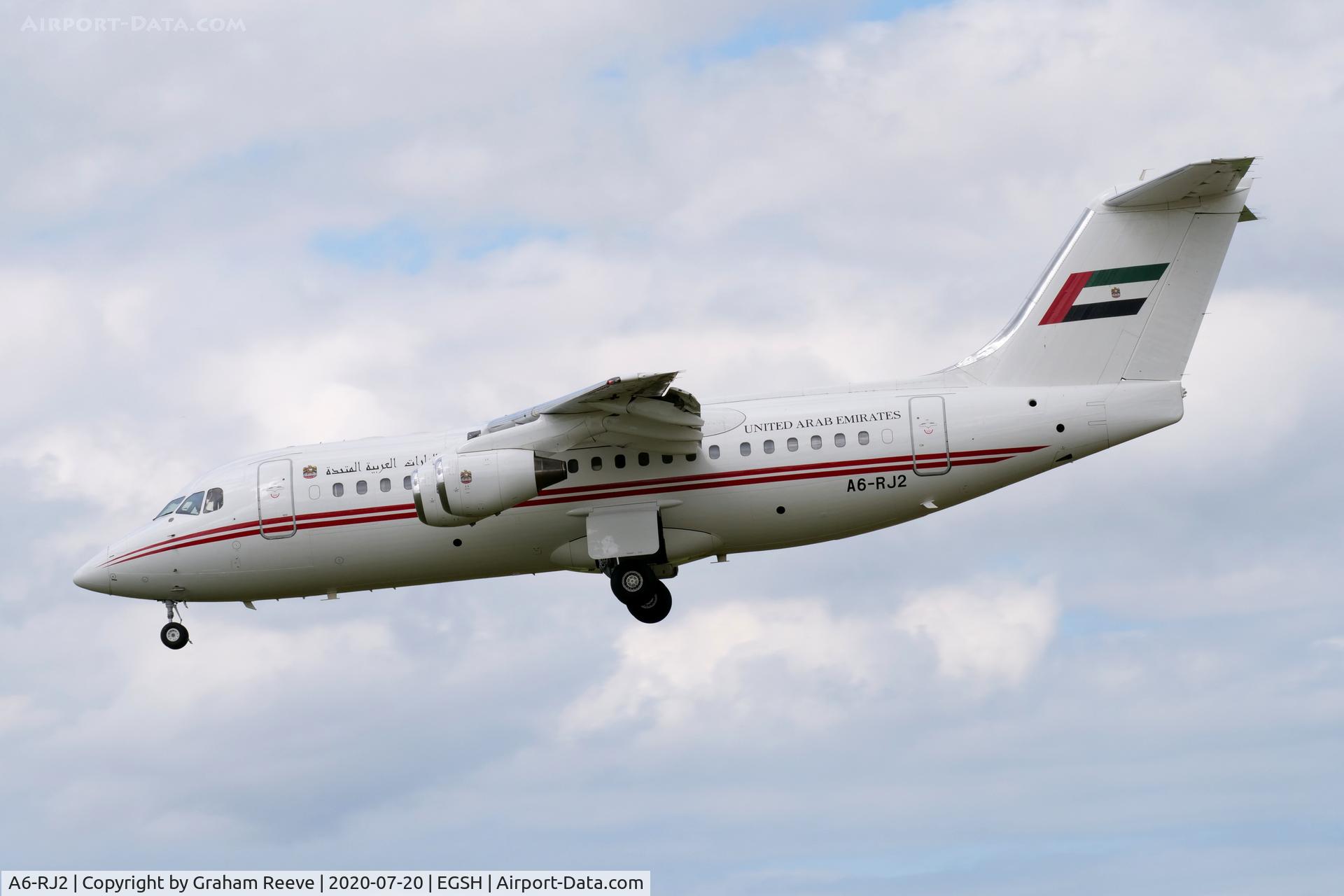 A6-RJ2, 1998 British Aerospace Avro 146-RJ85A C/N E2325, Landing at Norwich.