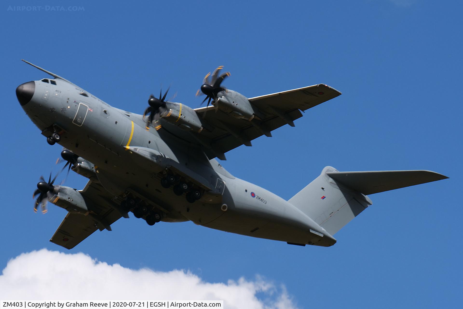 ZM403, 2015 Airbus A400M-180 Atlas C.1 C/N 020, Climbing out from Norwich.