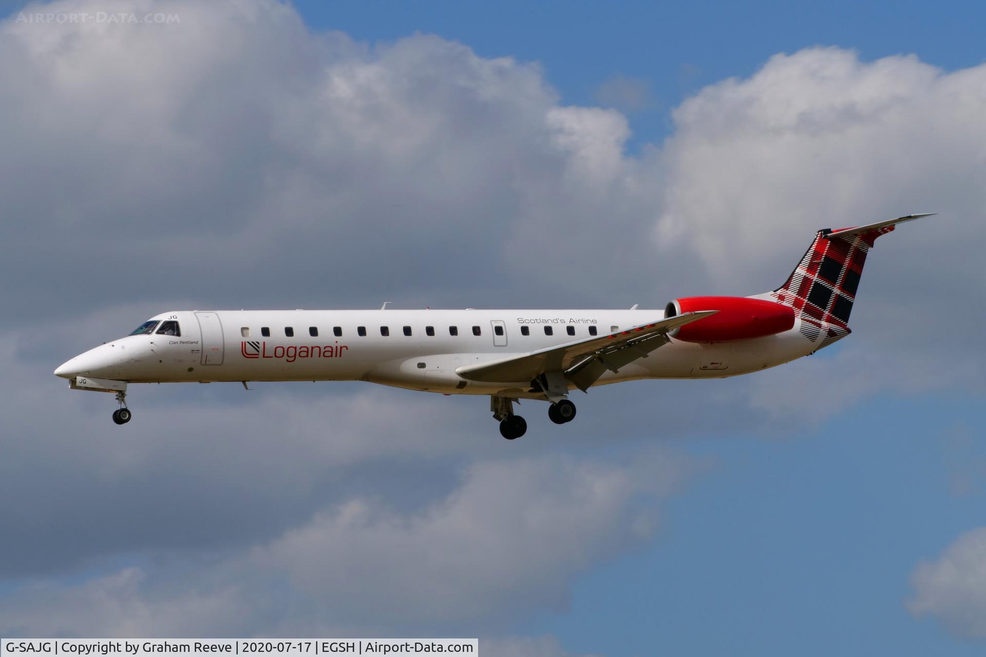 G-SAJG, 1999 Embraer EMB-145EP (ERJ-145EP) C/N 145126, Landing at Norwich.