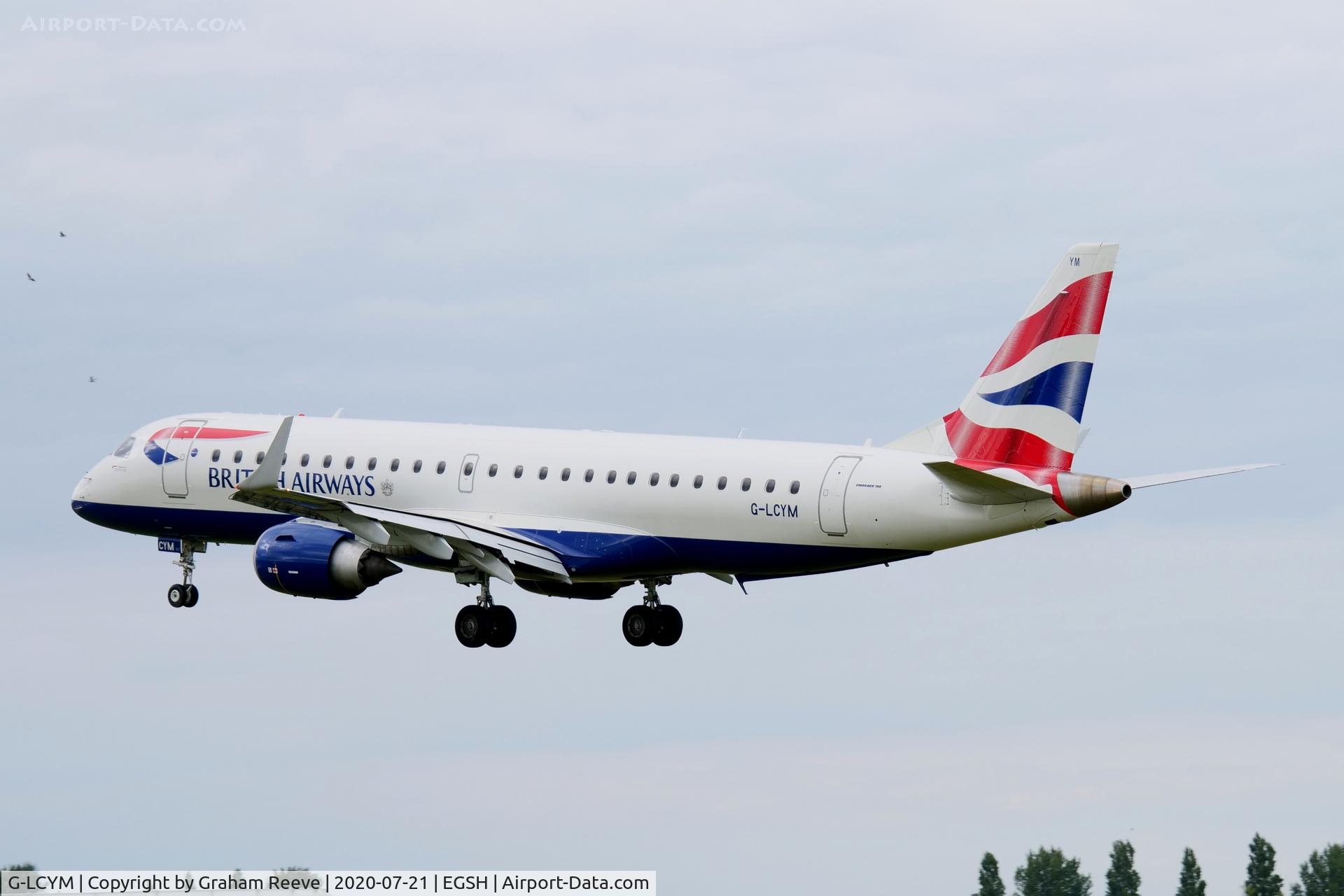 G-LCYM, 2010 Embraer 190SR (ERJ-190-100SR) C/N 19000351, Landing at Norwich.