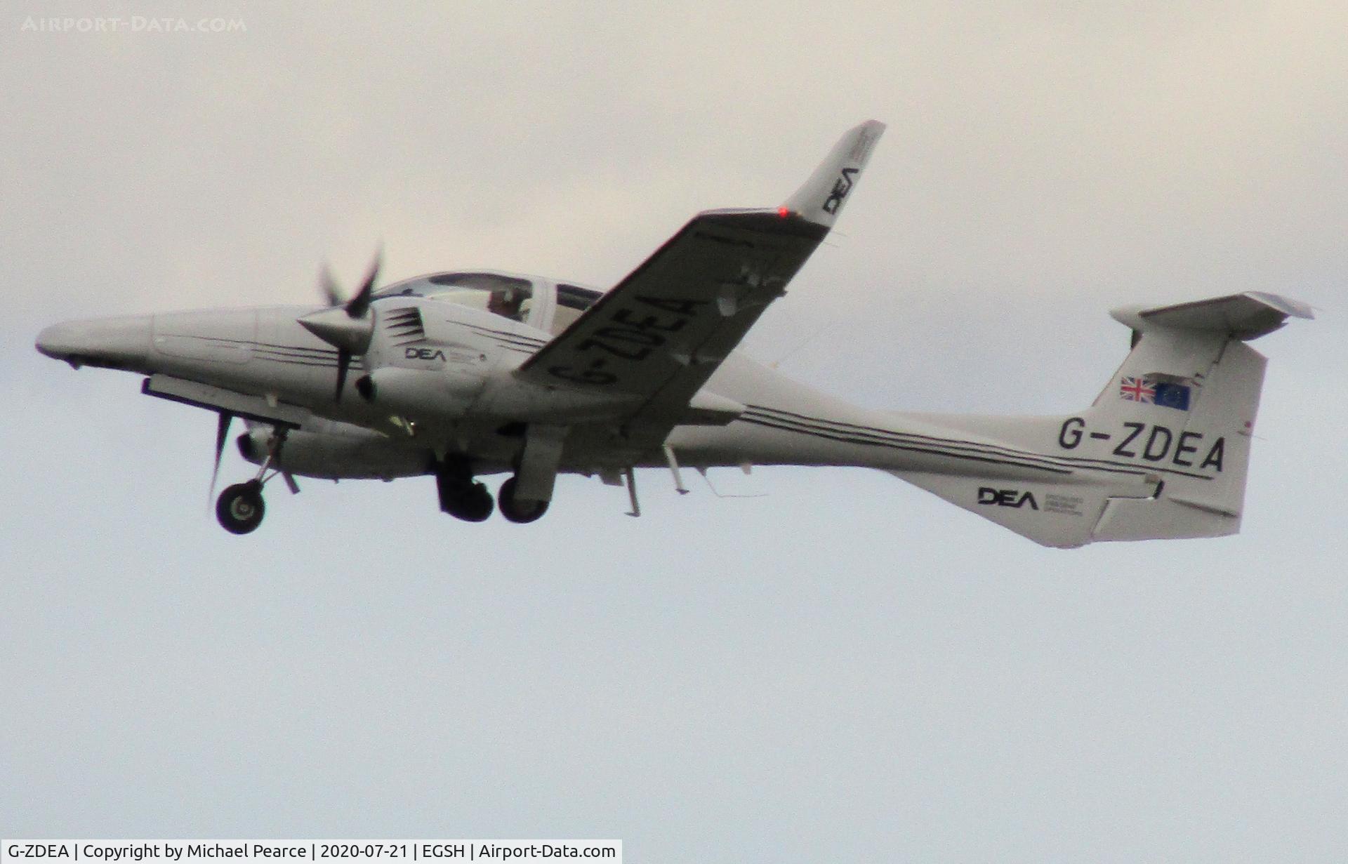 G-ZDEA, 2006 Diamond DA-42 Twin Star C/N 42 080, Climbing out of RWY 27 on its way home to Retford/Gamston (EGNE).
