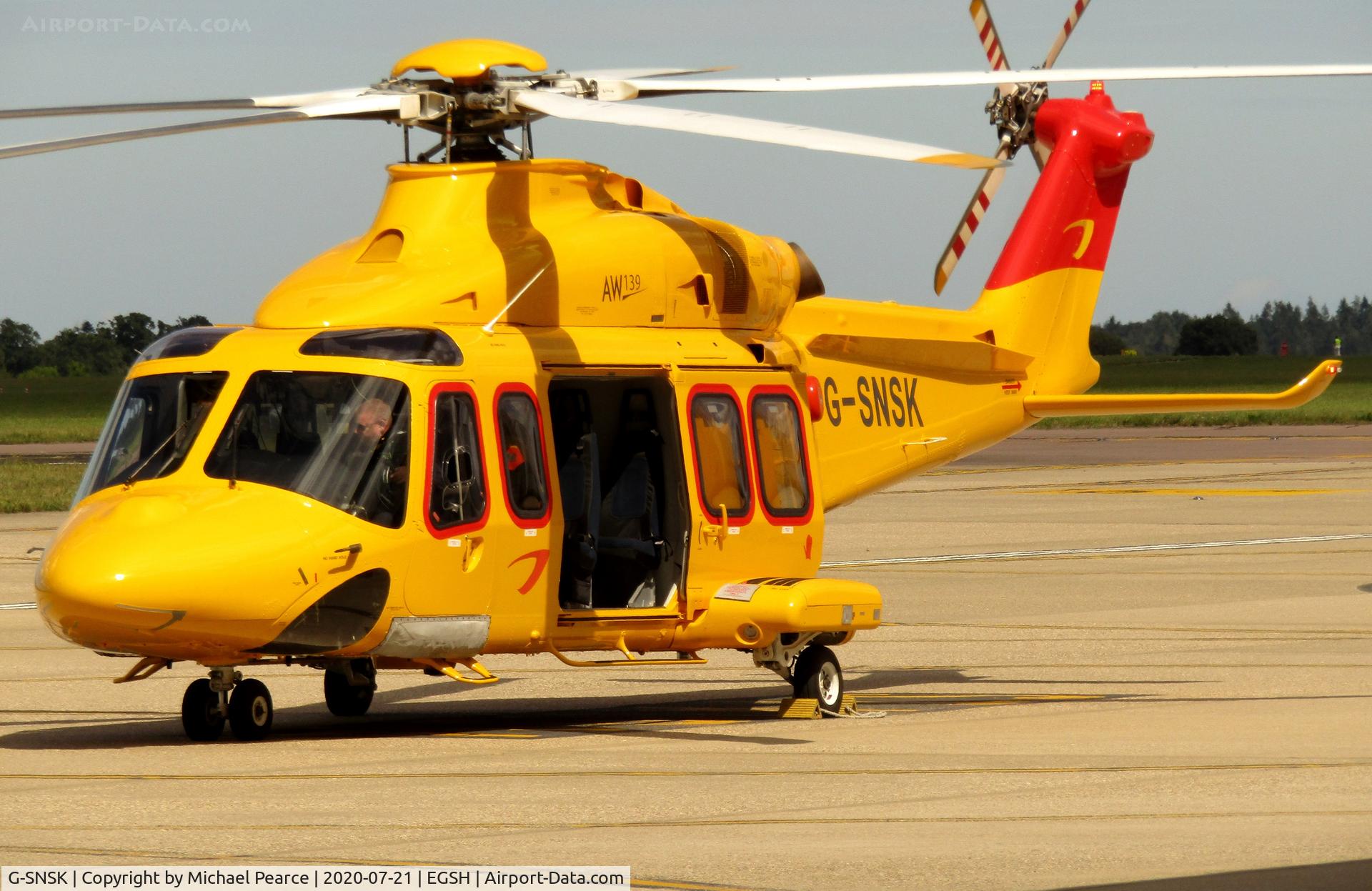 G-SNSK, 2013 AgustaWestland AW-139 C/N 41354, Parked at SaxonAir after performing its first revenue service for NHV.