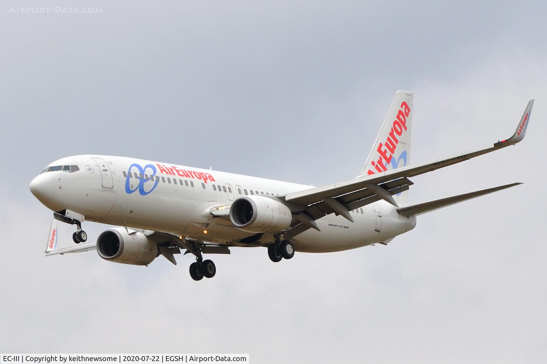 EC-III, 2002 Boeing 737-86Q C/N 30284, Arriving at Norwich from Palma De Mallorca.