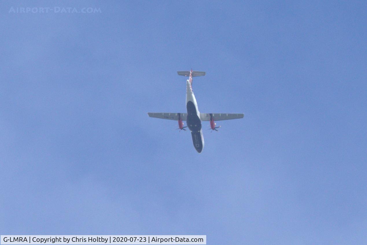 G-LMRA, 1996 ATR 42-500 C/N 490, Loganair ATR 42 over Potters Bar, Herts from City Airport its on way to the Isle of Man