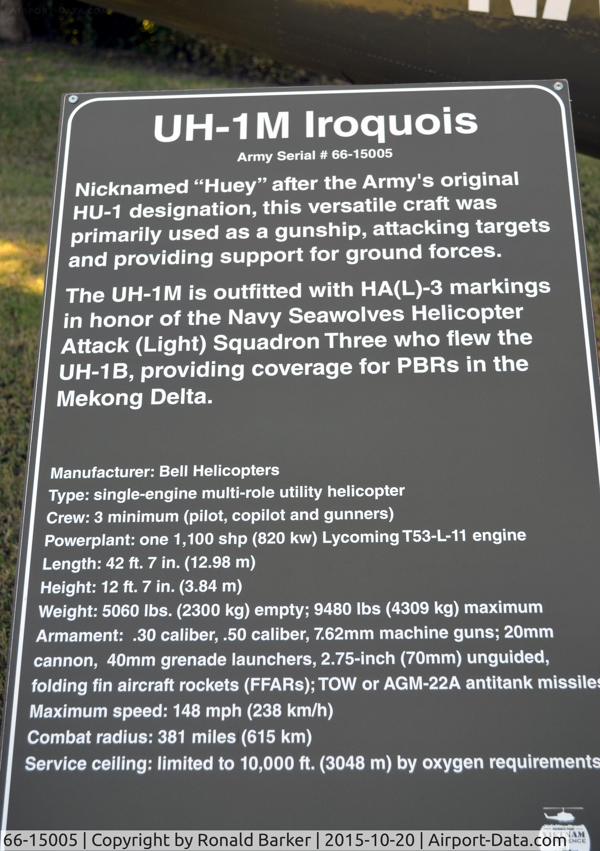 66-15005, Bell UH-1M Iroquois C/N 1733, UH-1M  Vietnam Village Patriots Point
