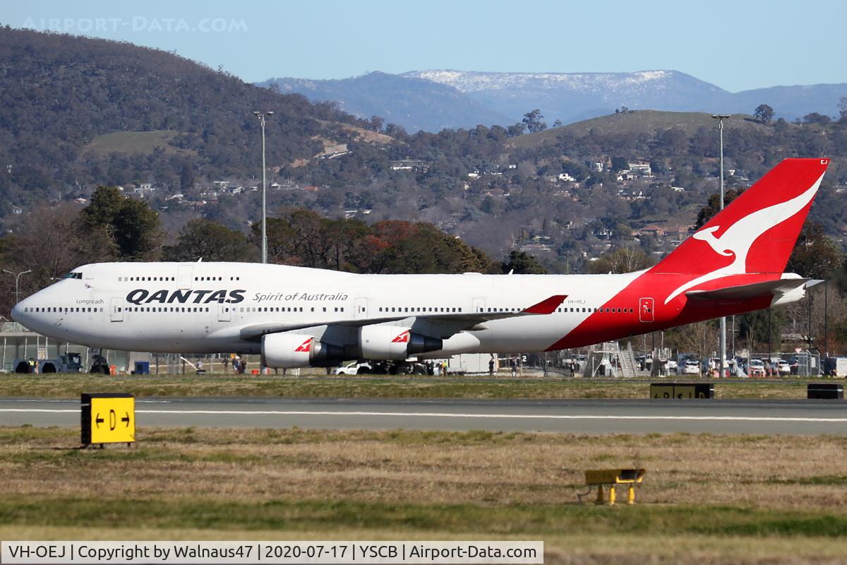 VH-OEJ, 2003 Boeing 747-438/ER C/N 32914, Qantas B747-438 VH-OEJ Cn 32914 taxies out from Canberra International Airport YSCB on 17Jul2020, before departing for the last ever Qantas Boeing 747 Passenger Flight.