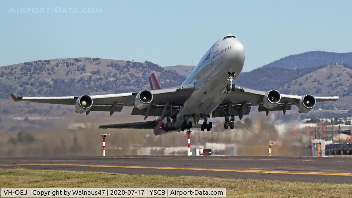 VH-OEJ, 2003 Boeing 747-438/ER C/N 32914, Qantas B747-438 VH-OEJ Cn 32914 gets airborne from Rwy 35 at Canberra International Airport YSCB on 17Jul2020 - departing for the last ever Qantas Boeing 747 Passenger Flight. The aircraft was cleared to take-off downwind, to avoid a tight 120 deg turn