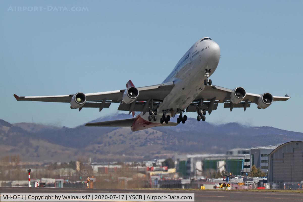 VH-OEJ, 2003 Boeing 747-438/ER C/N 32914, Qantas B747-438 VH-OEJ Cn 32914 gets airborne from Rwy 35 at Canberra International Airport YSCB on 17Jul2020 - departing for the last ever Qantas Boeing 747 Passenger Flight. The aircraft was cleared to take-off downwind, to avoid a tight 120 deg turn