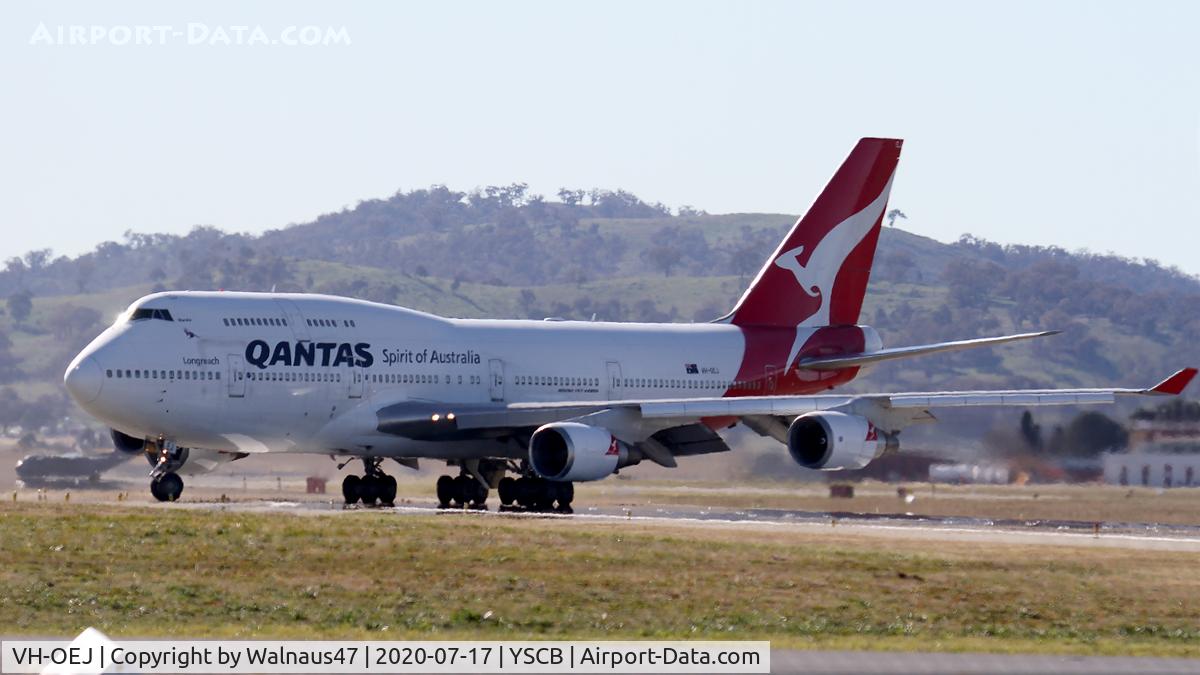 VH-OEJ, 2003 Boeing 747-438/ER C/N 32914, Qantas B747-438 VH-OEJ Cn 32914 rolling out at Canberra International Airport YSCB on Rwy 17 on 17Jul2020 - ending the last ever Qantas Boeing 747 Passenger Flight. The aircraft flew from Kosciuszko NP before orbiting Canberra and returning to YSCB.