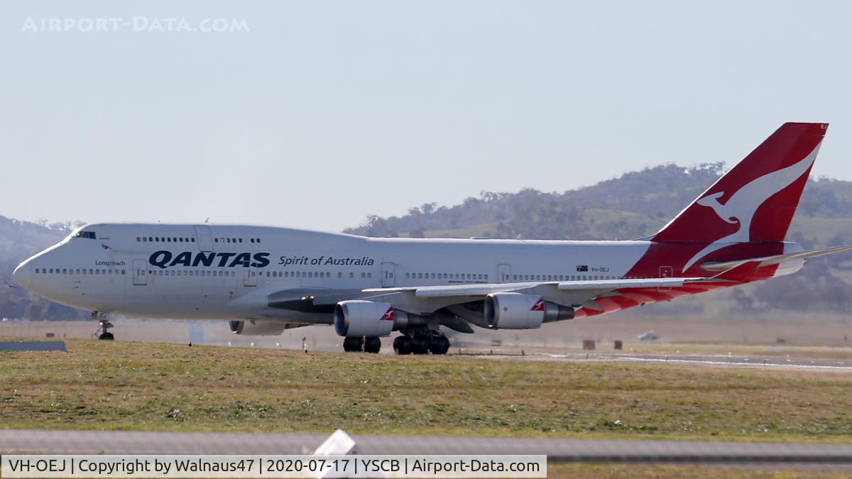 VH-OEJ, 2003 Boeing 747-438/ER C/N 32914, Qantas B747-438 VH-OEJ Cn 32914 taxies back to Canberra International Airport YSCB on 17Jul2020 - ending the last ever Qantas Boeing 747 Passenger Flight. The aircraft flew from Kosciuszko NP before orbiting Canberra and returning to YSCB.