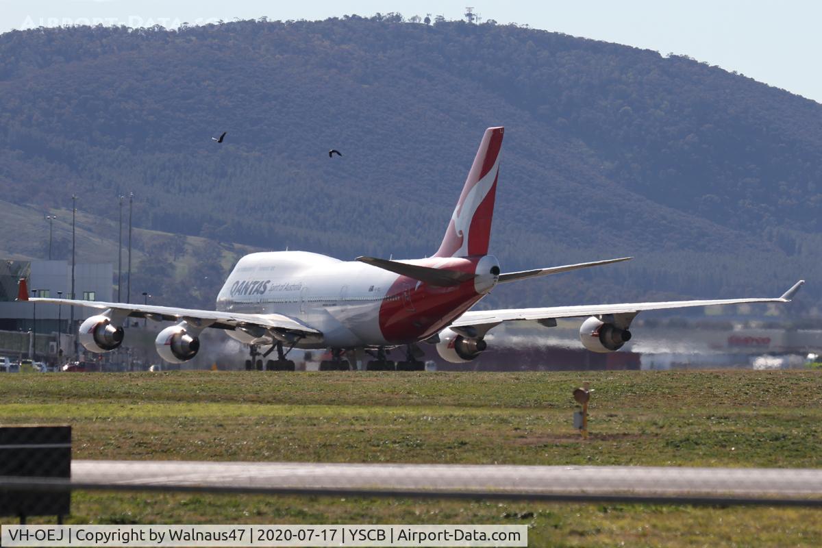 VH-OEJ, 2003 Boeing 747-438/ER C/N 32914, Qantas B747-438 VH-OEJ Cn 32914 taxies back to Canberra International Airport YSCB on 17Jul2020 - ending the last ever Qantas Boeing 747 Passenger Flight. The aircraft flew from Kosciuszko NP before orbiting Canberra and returning to YSCB.