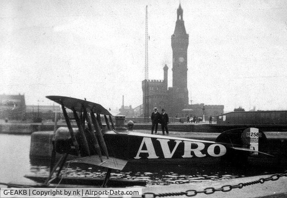G-EAKB, Avro 504K C/N H2588, On floats, near the hydraulic tower, Birkenhead docks, used to deliver newspapers to the Isle of Man, 1919