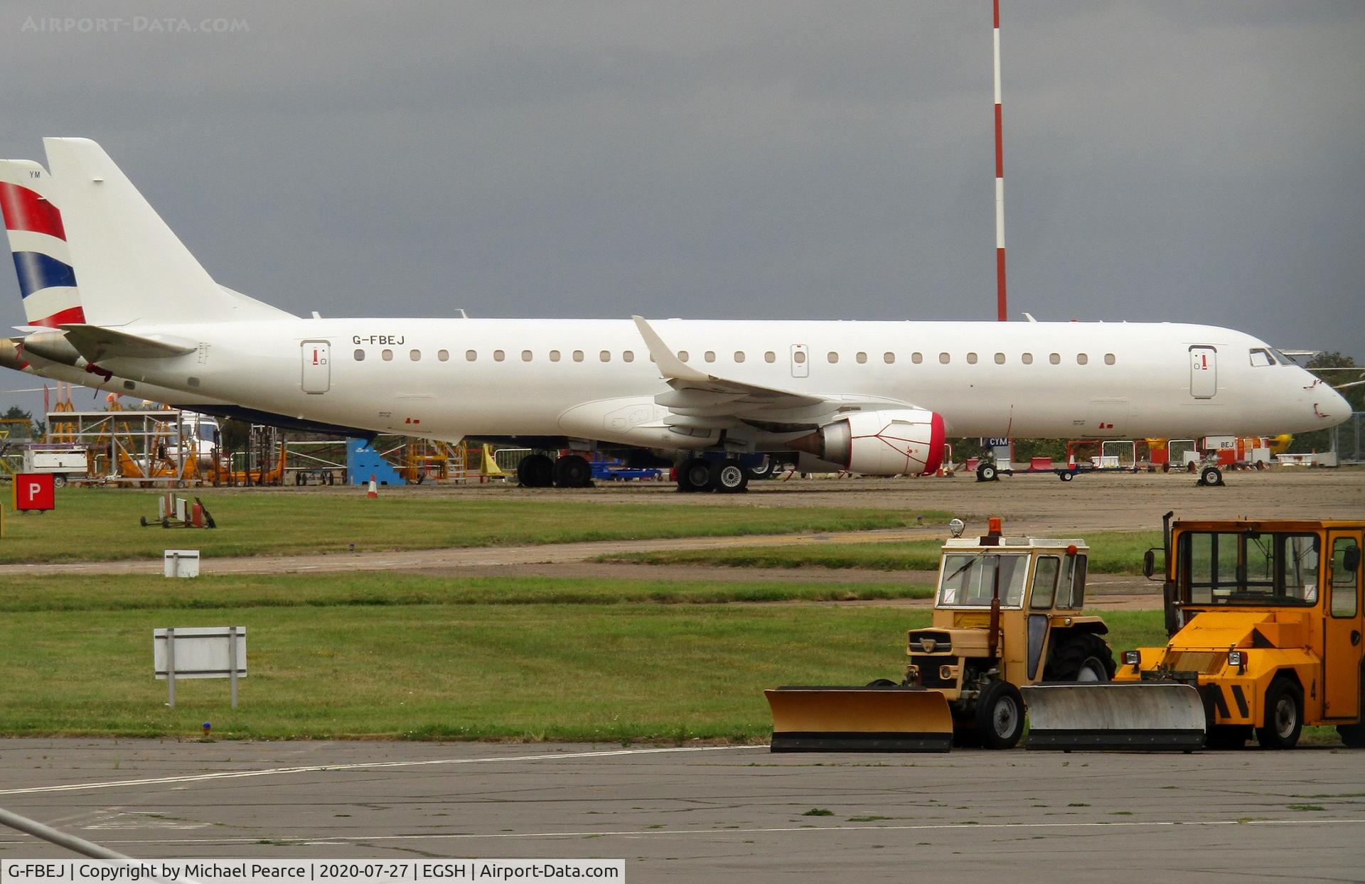 G-FBEJ, 2007 Embraer 195LR (ERJ-190-200LR) C/N 19000155, Parked on the Eastern Apron after some work with KLM UK Engineering.