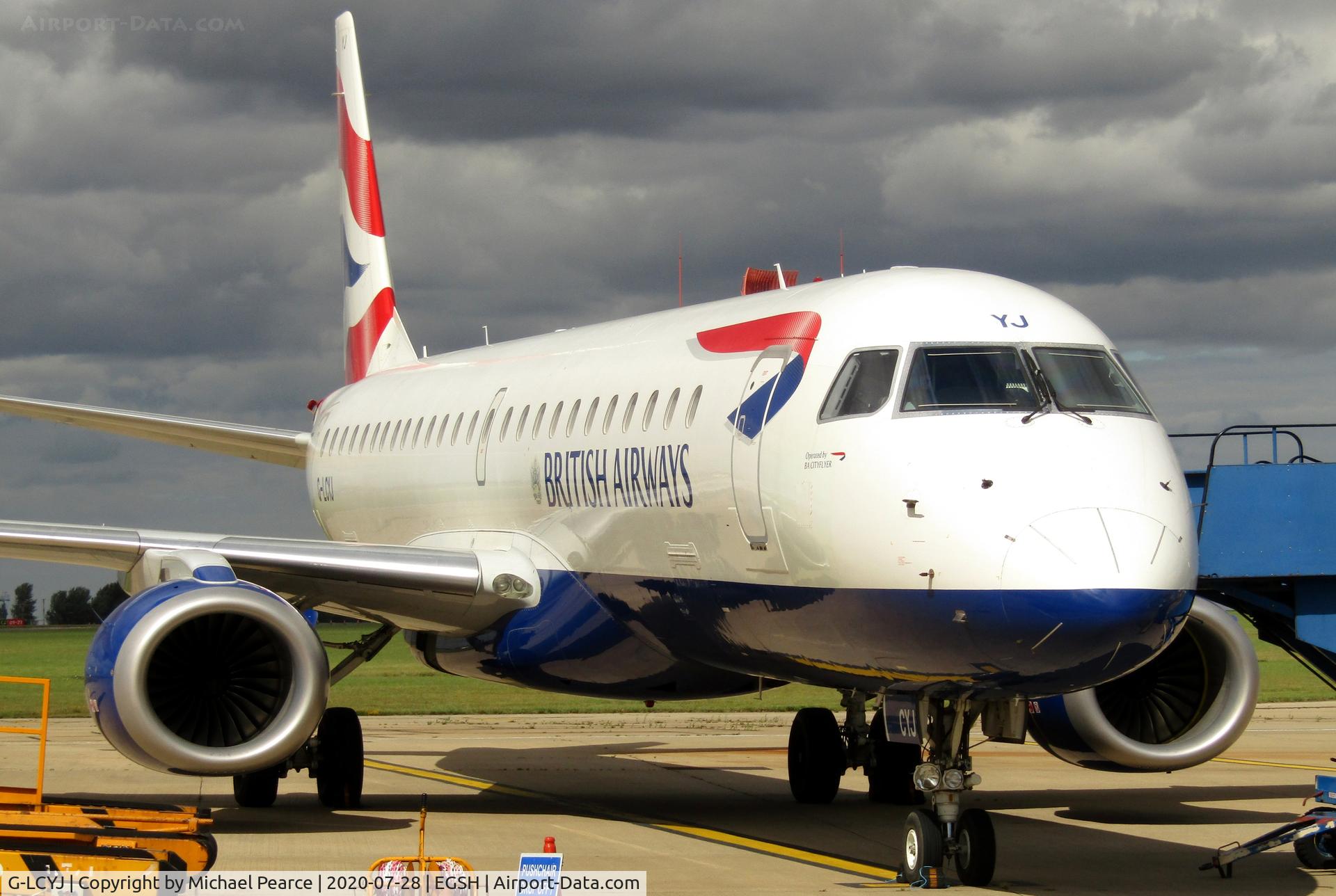 G-LCYJ, 2010 Embraer 190SR (ERJ-190-100SR) C/N 19000339, Parked on Stand 5 after having an engine changed by KLM UK Engineering.