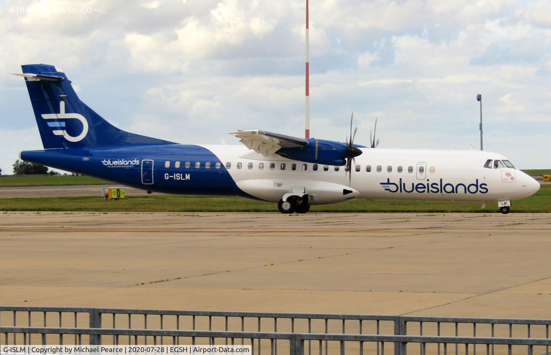 G-ISLM, 2007 ATR 72-212A C/N 762, Departing Stand 4 to Jersey (JER) after respray.