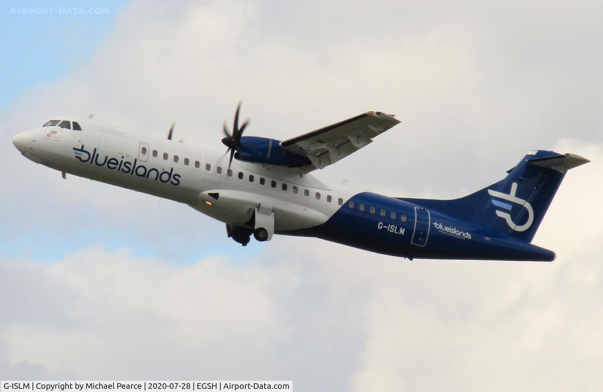 G-ISLM, 2007 ATR 72-212A C/N 762, Climbing out of RWY 27 for Jersey (JER), after respray by Air Livery.