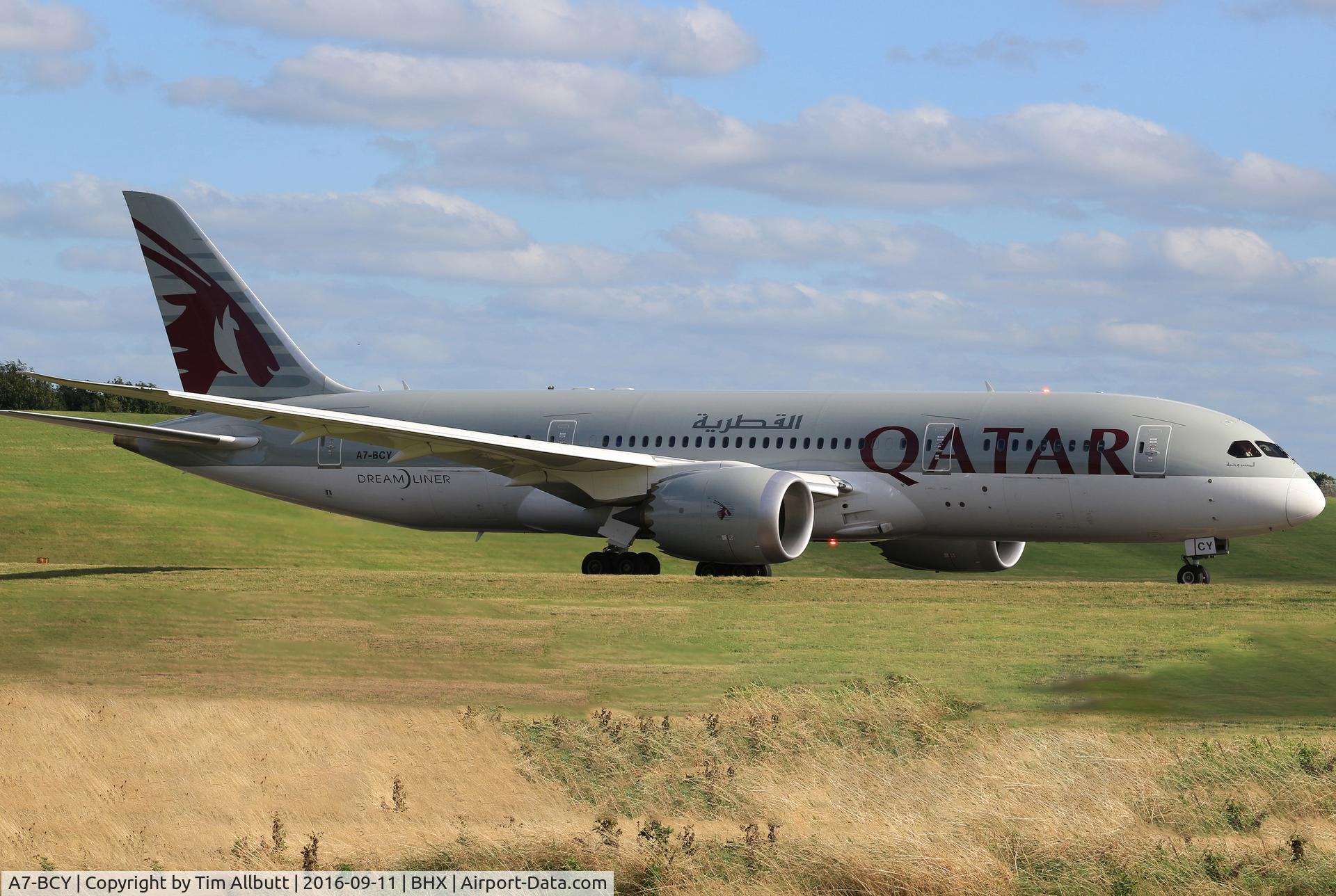A7-BCY, 2015 Boeing 787-8 Dreamliner C/N 38343, Qatar Dreamliner taxying for take off from Birmingham International Airport