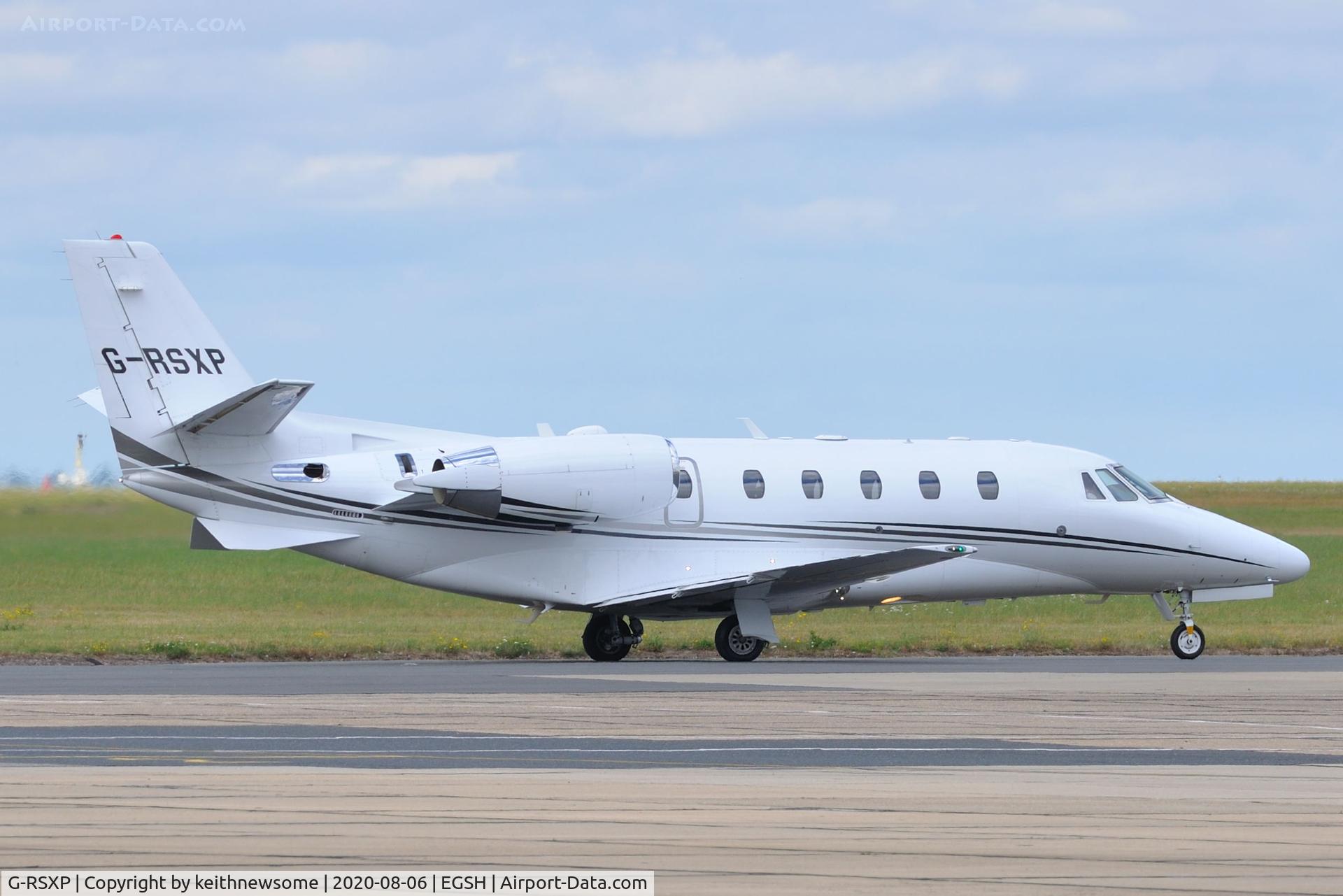 G-RSXP, 2015 Cessna 560XL Citation XLS C/N 560-6198, Leaving Norwich for Jersey.