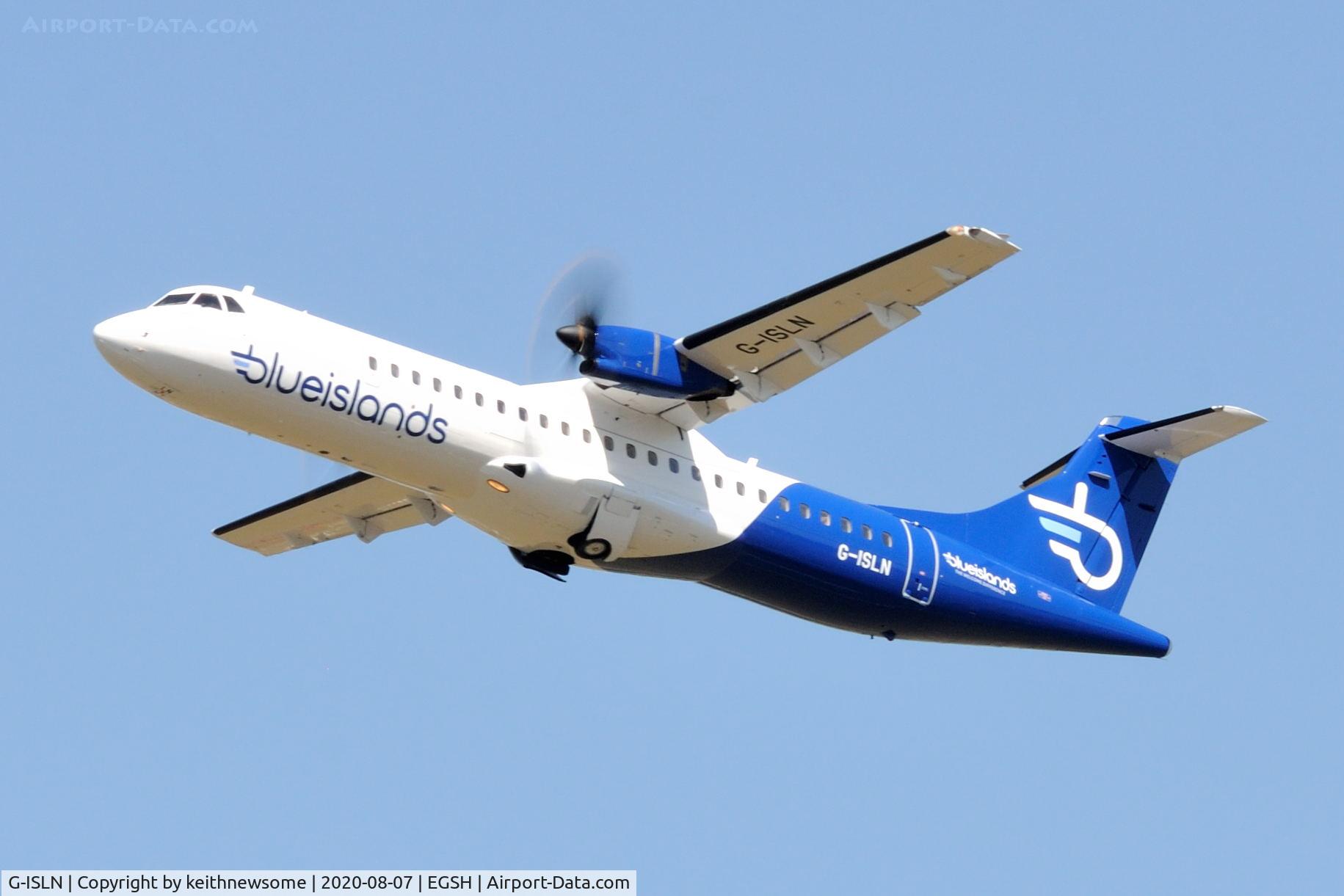 G-ISLN, 2009 ATR 72-212A C/N 884, Leaving Norwich for Jersey following paintwork.