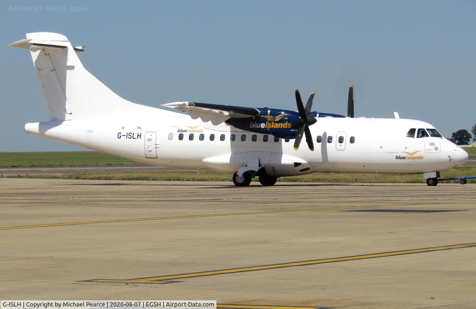 G-ISLH, 1990 ATR 42-320 C/N 173, Under tow from Stand 4, after arrival from Jersey (JER) for respray.