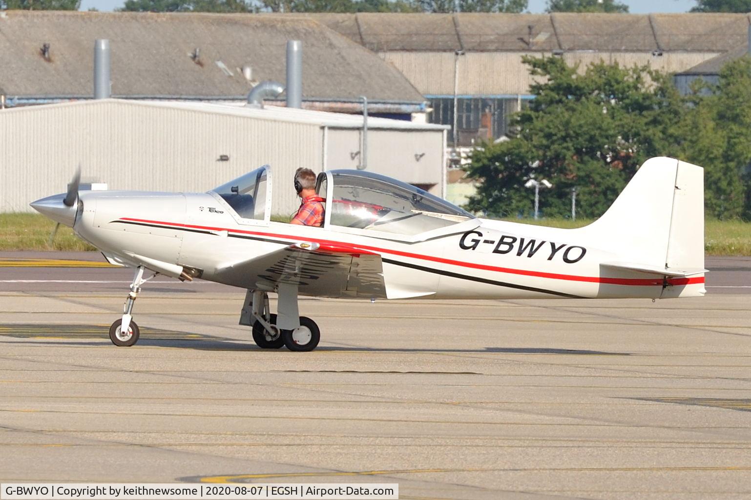 G-BWYO, 1998 Sequoia F-8L Falco C/N PFA 100-10920, Leaving Norwich following quick fuel stop.