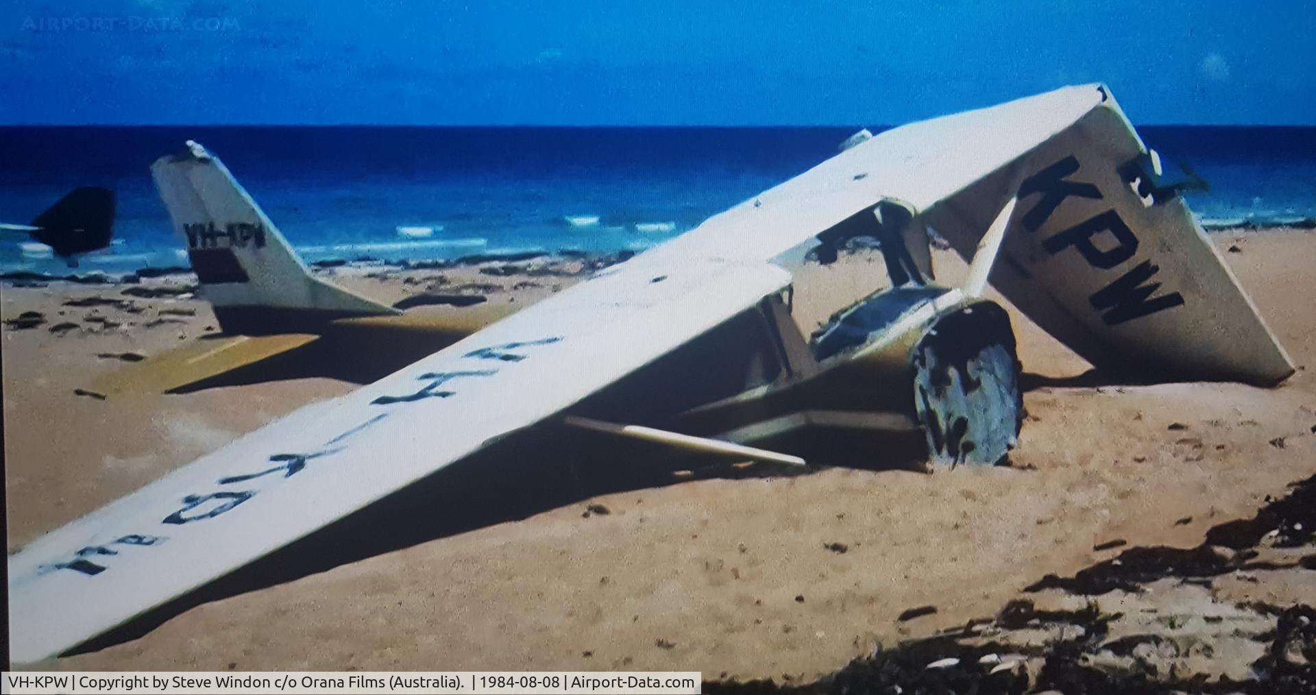 VH-KPW, 1963 Cessna 185B Skywagon C/N 185-0549, Wreck of VH-KPW on a beach on Turtle Island (Pisonia Island) on a Micro Light flight out of Iron Range airstrip en route to Cape York. Queensland, Australia; 1984.