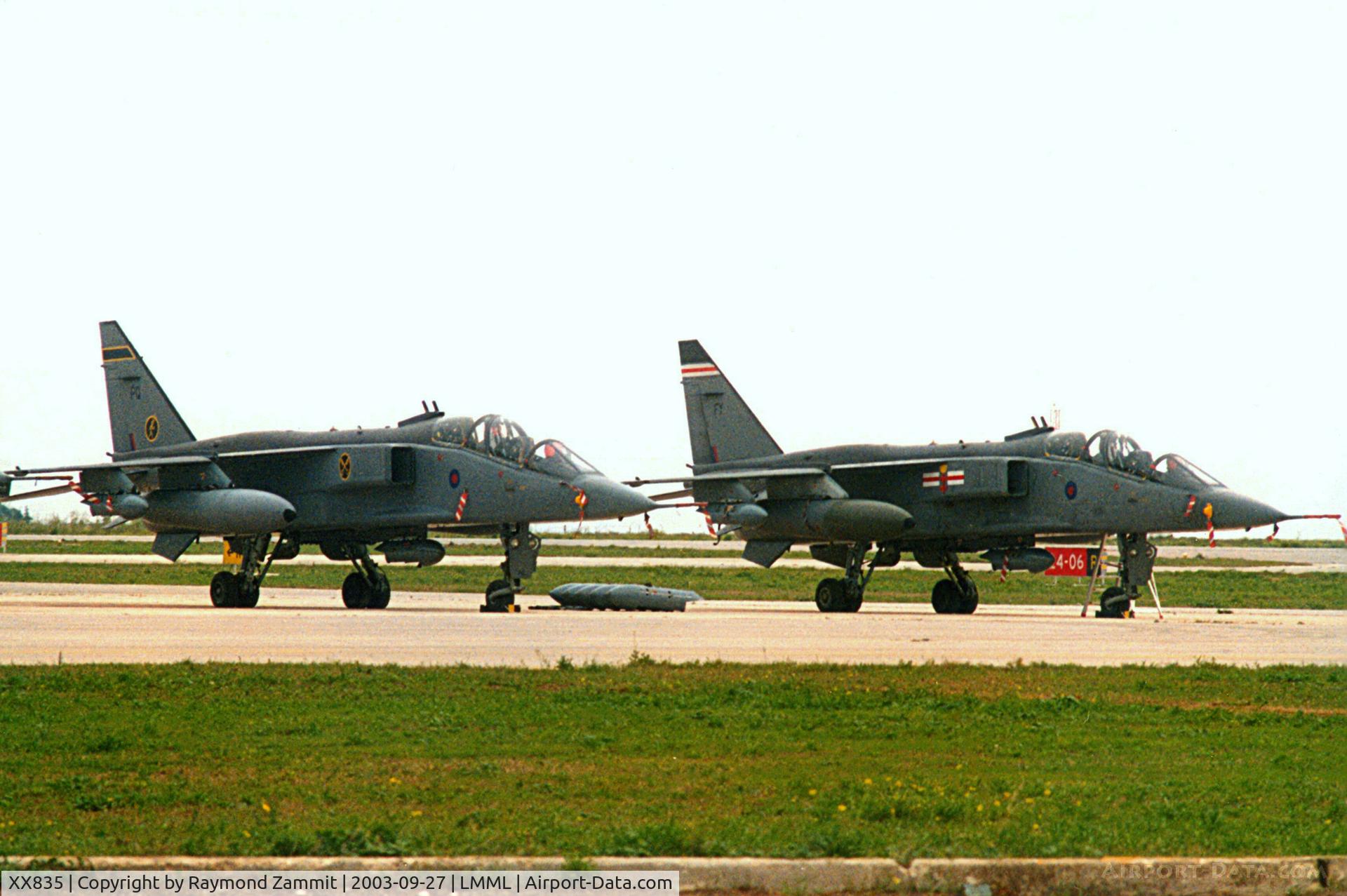 XX835, Sepecat Jaguar T.4 C/N B.23, Sepecat Jaguars XX835/FY of 41 Sqdn and XX841/PQ of 16 Sqdn Royal Air Force participated in the Malta International Airshow 2003.