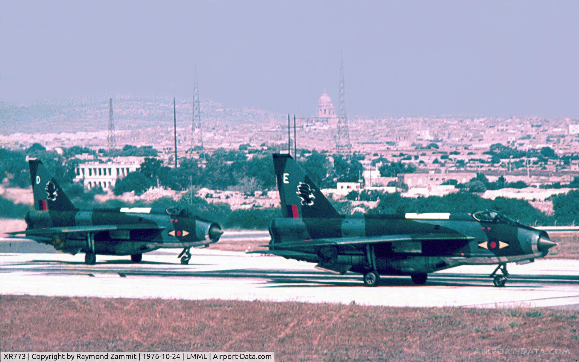 XR773, 1966 English Electric Lightning F.6 C/N 95238, EE Lightning XR773/D and XS929/E of 11Sqd Royal Air Force lining up R/W06 at RAF Luqa Malta during an APC Exercise back in October 1976.