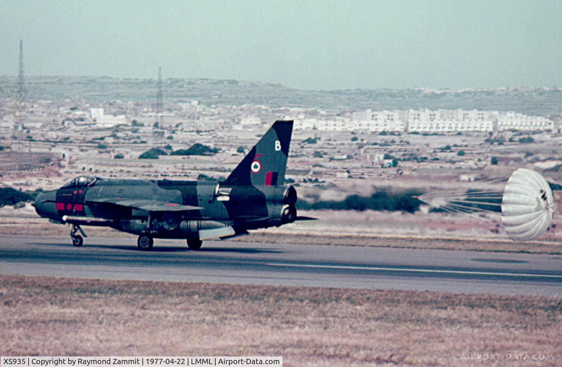 XS935, 1967 English Electric Lightning F.6 C/N 95268, EE Lightning XS935/B of 5Sqdn Royal Air Force with it's chute still on after landing from a local sortie. The aircraft was part of a detachment on APC exercise to RAF Luqa Malta.
