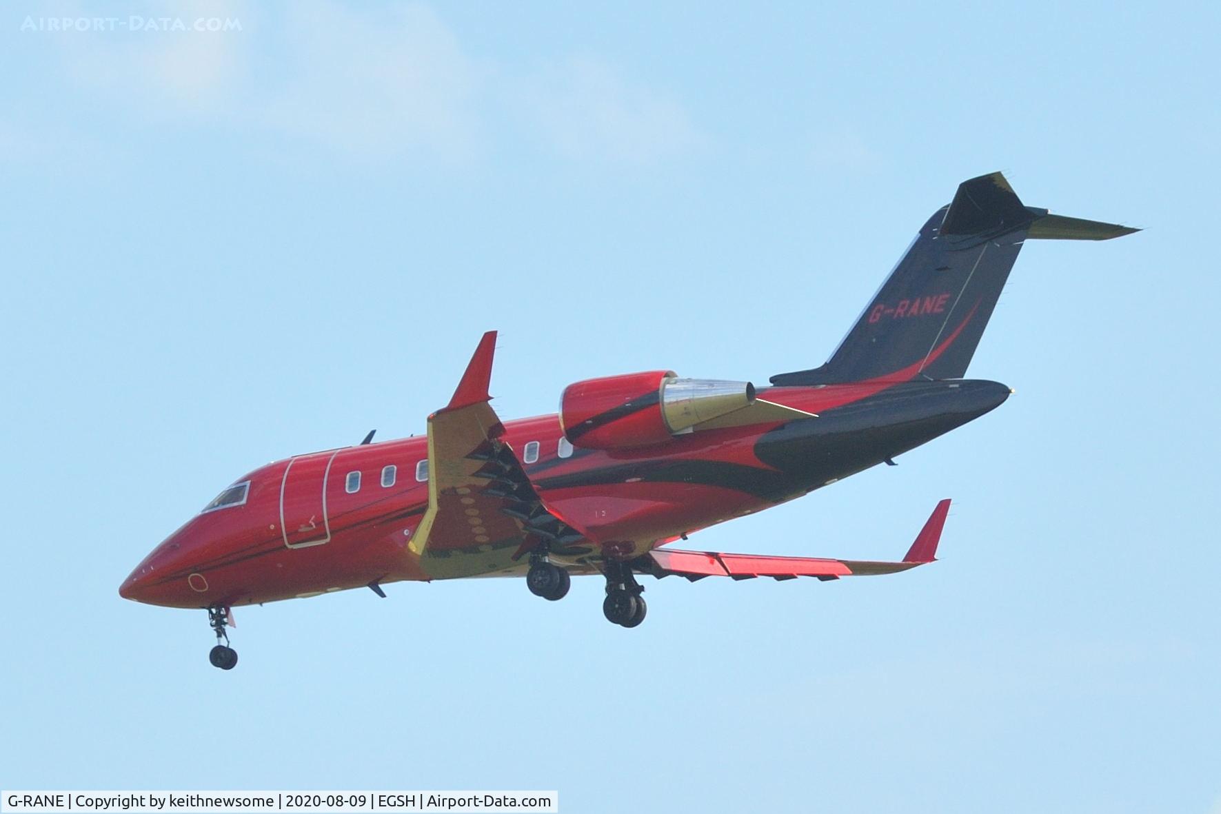 G-RANE, 2012 Bombardier Challenger 605 (CL-600-2B16) C/N 5904, Landing onto runway 09 at Norwich.