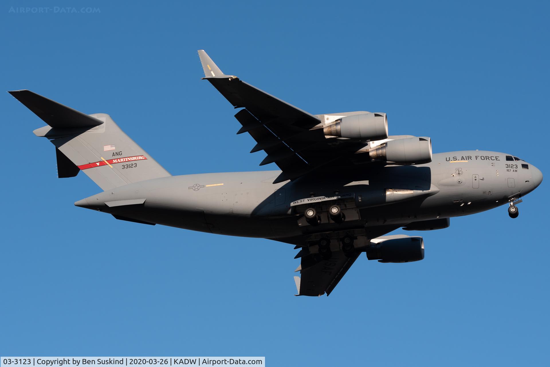 03-3123, 2003 Boeing C-17A Globemaster III C/N P-123, RCH landing at Andrews AFB.
