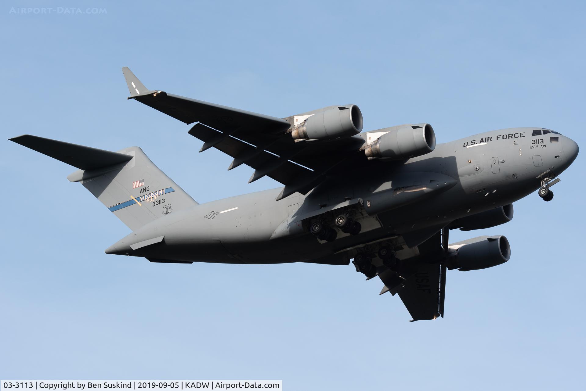 03-3113, 2003 Boeing C-17A Globemaster III C/N P-113, RCH landing at Andrews AFB.