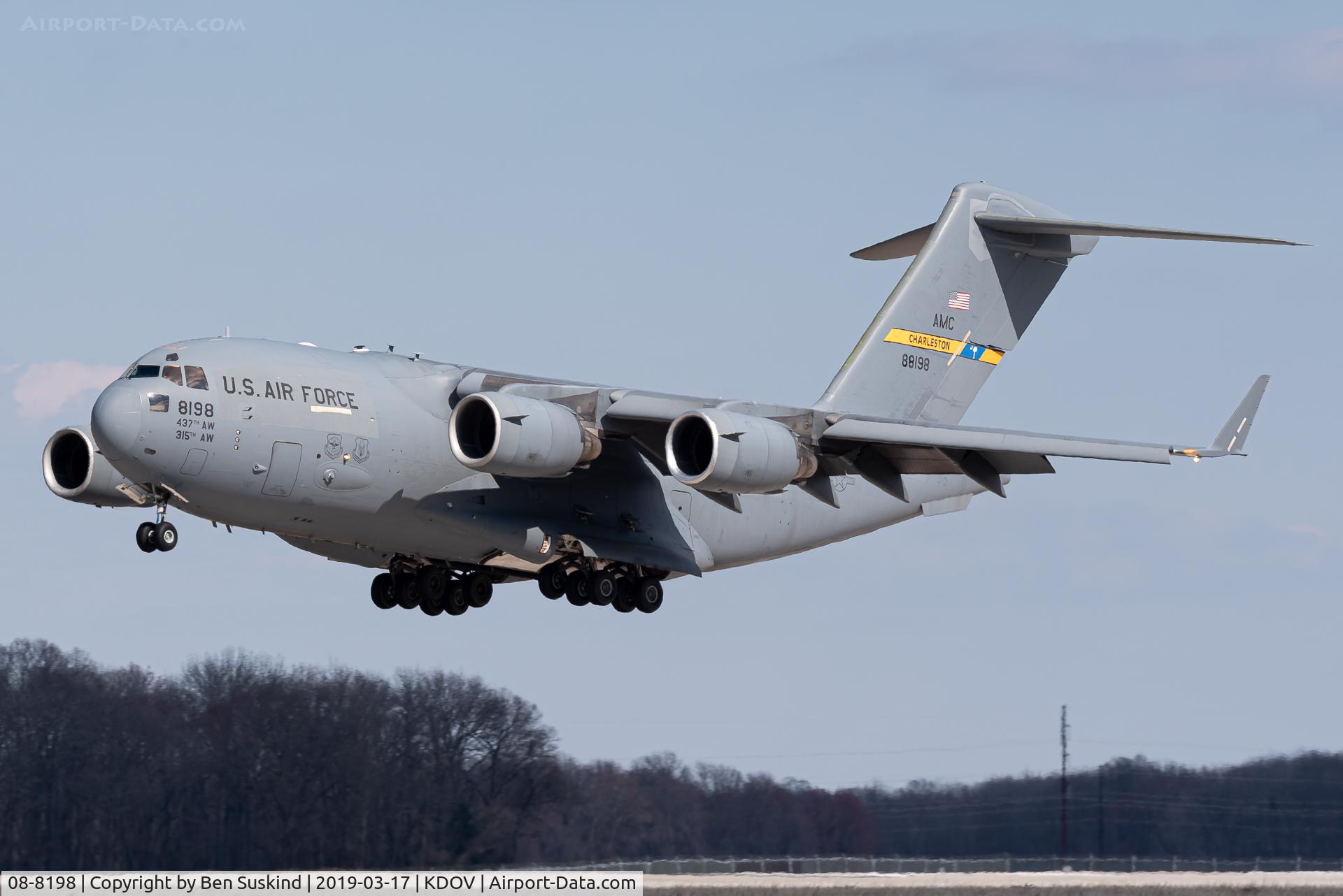 08-8198, 2008 Boeing C-17A Globemaster III C/N P-198, RCH landing at Dover AFB.