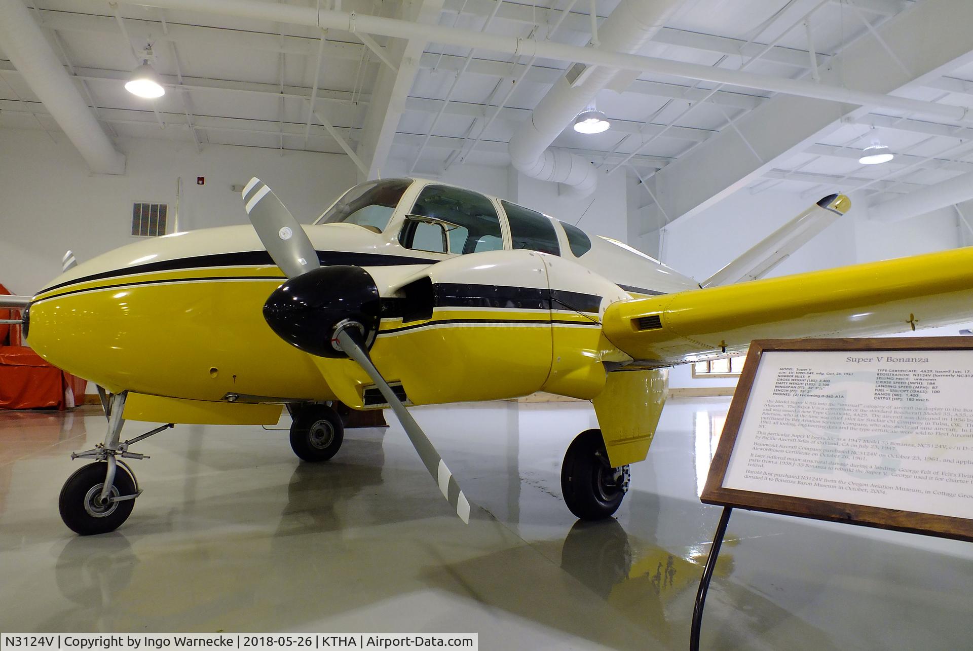 N3124V, 1962 Pine Air SUPER V C/N SV-109-D549, Bay Aviation / Oakland Airmotive (Pine Air) Super V twin conversion of a Beechcraft 35 Bonanza at the Beechcraft Heritage Museum, Tullahoma TN