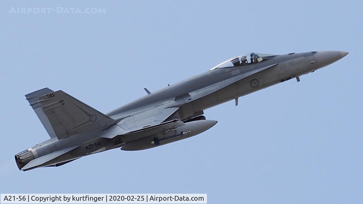 A21-56, 1990 McDonnell Douglas F/A-18A Hornet C/N 824/AF-56, McDonnell FA-18A serial A21-56 cn 824/AF-56. Flown by 75 sqn. Low viz 2 OCU markings YPEA 25022020.