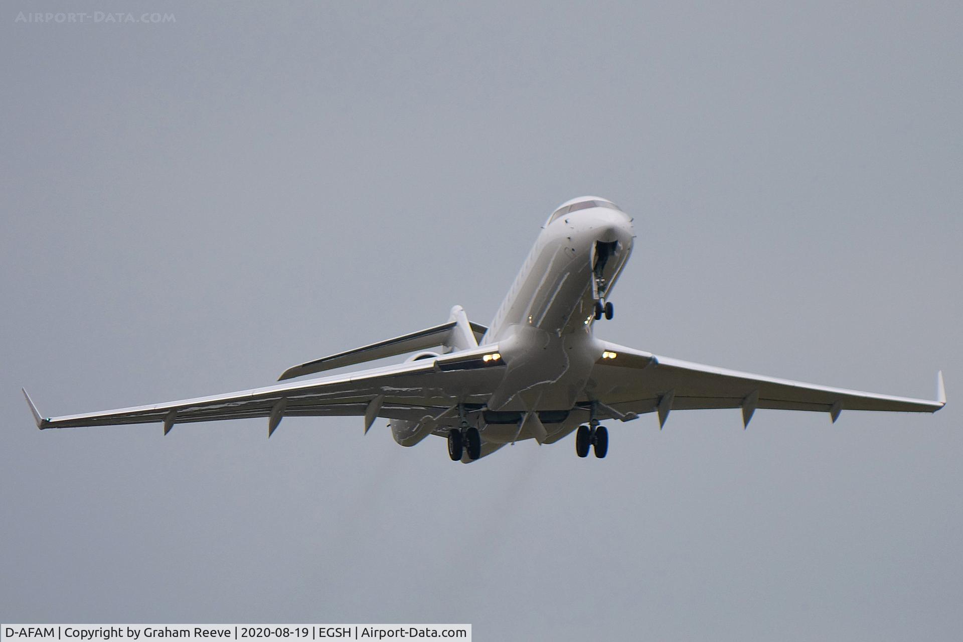 D-AFAM, 1999 Bombardier BD-700-1A10 Global Express C/N 9028, Departing from Norwich.