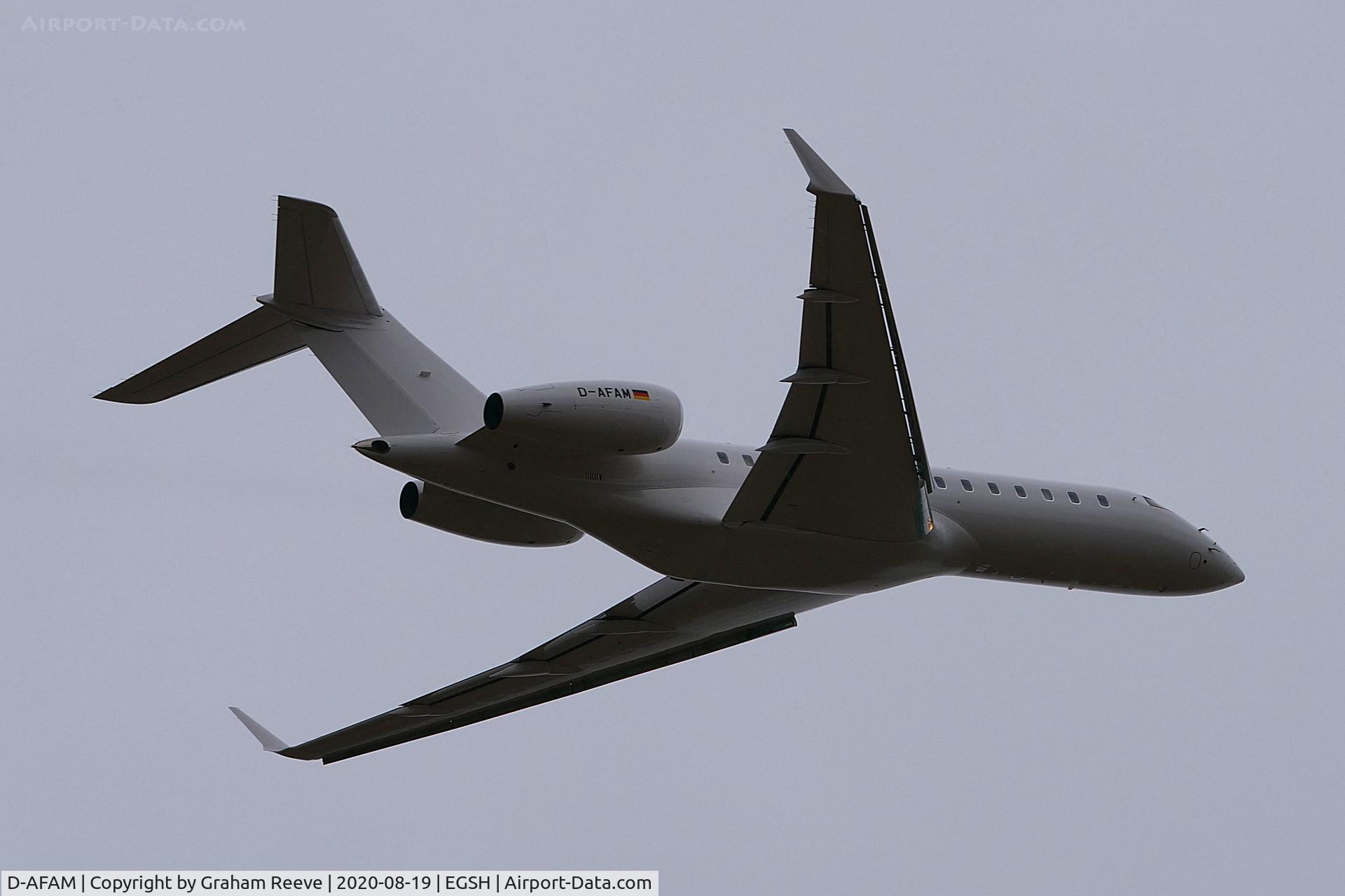 D-AFAM, 1999 Bombardier BD-700-1A10 Global Express C/N 9028, Departing from Norwich.