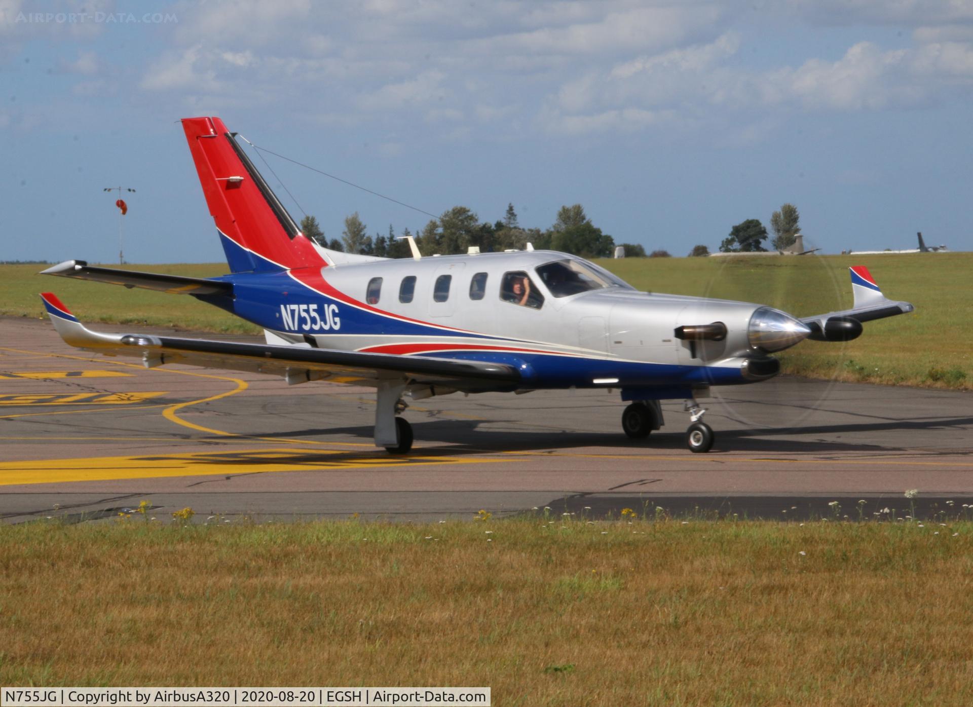N755JG, 2014 Socata TBM-900 C/N 1039, Departing Saxon ramp at Norwich Airport