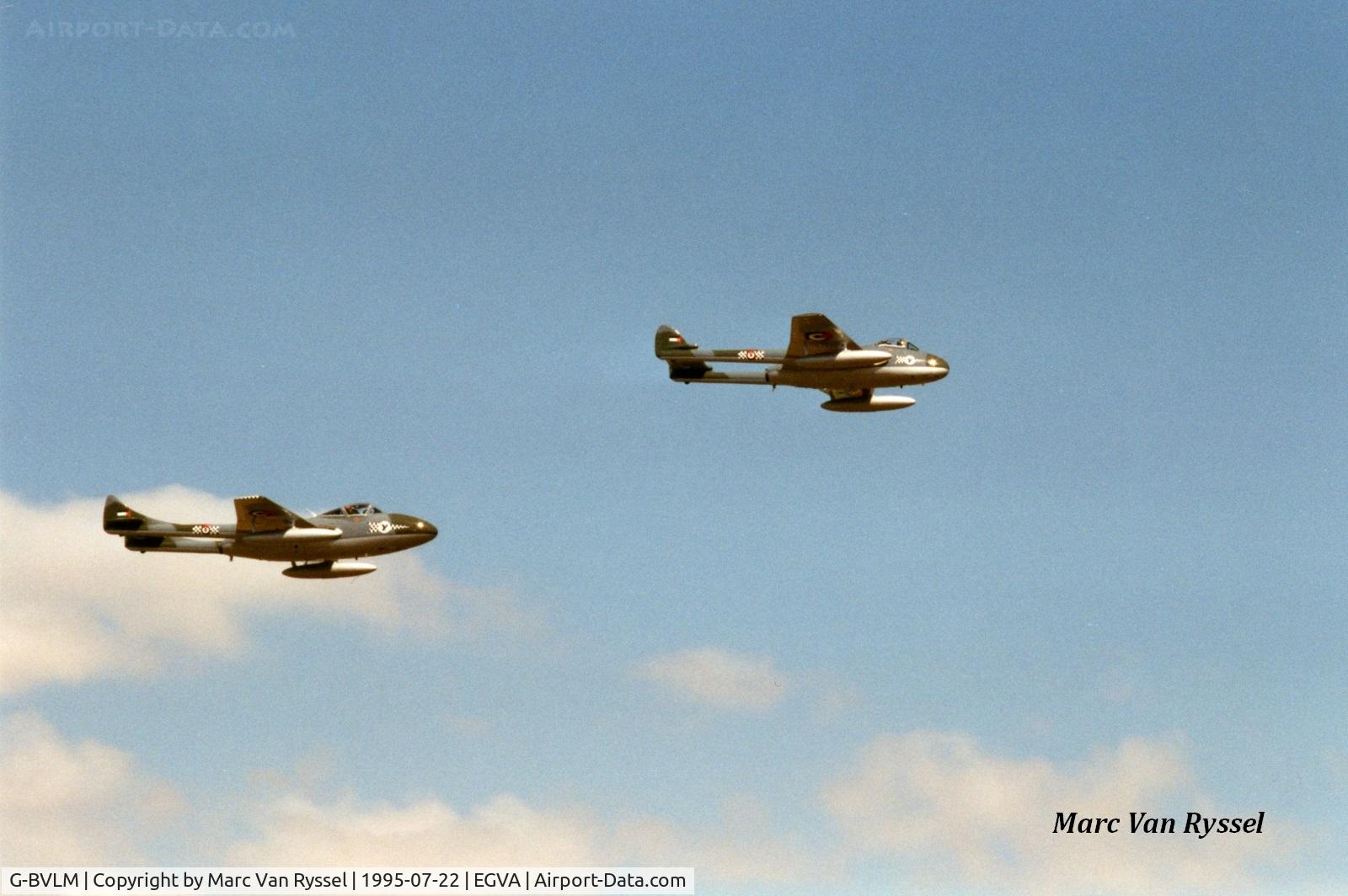 G-BVLM, 1958 De Havilland (F+W Emmen) Vampire T.55 (DH-115) C/N 976, Vampire T.55  G-BVLM (L) & Vampire FB.6 G-BVPO (R) at Fairford Airshow in 1995.