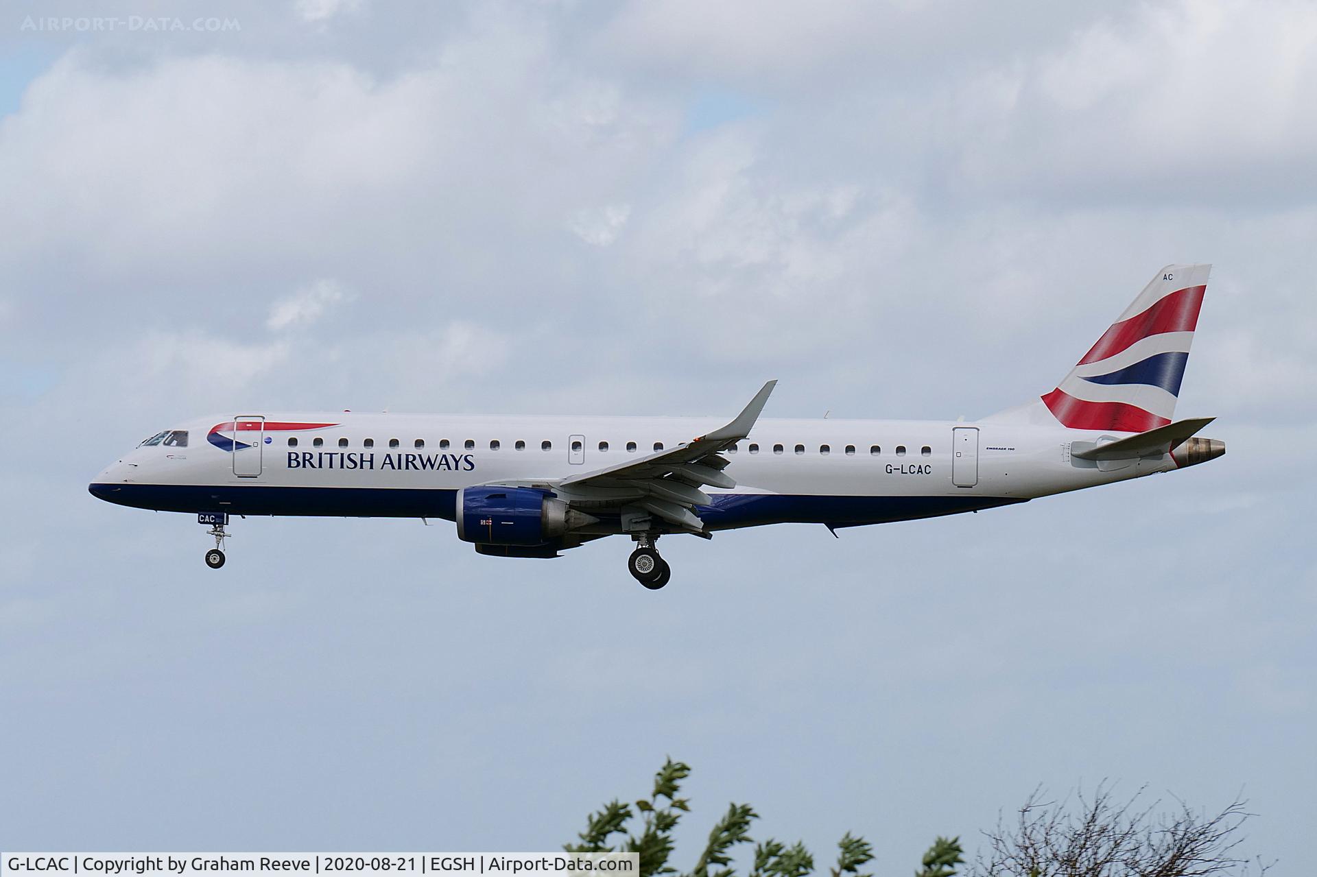 G-LCAC, 2012 Embraer 190LR (ERJ-190-100LR) C/N 19000513, Landing at Norwich.