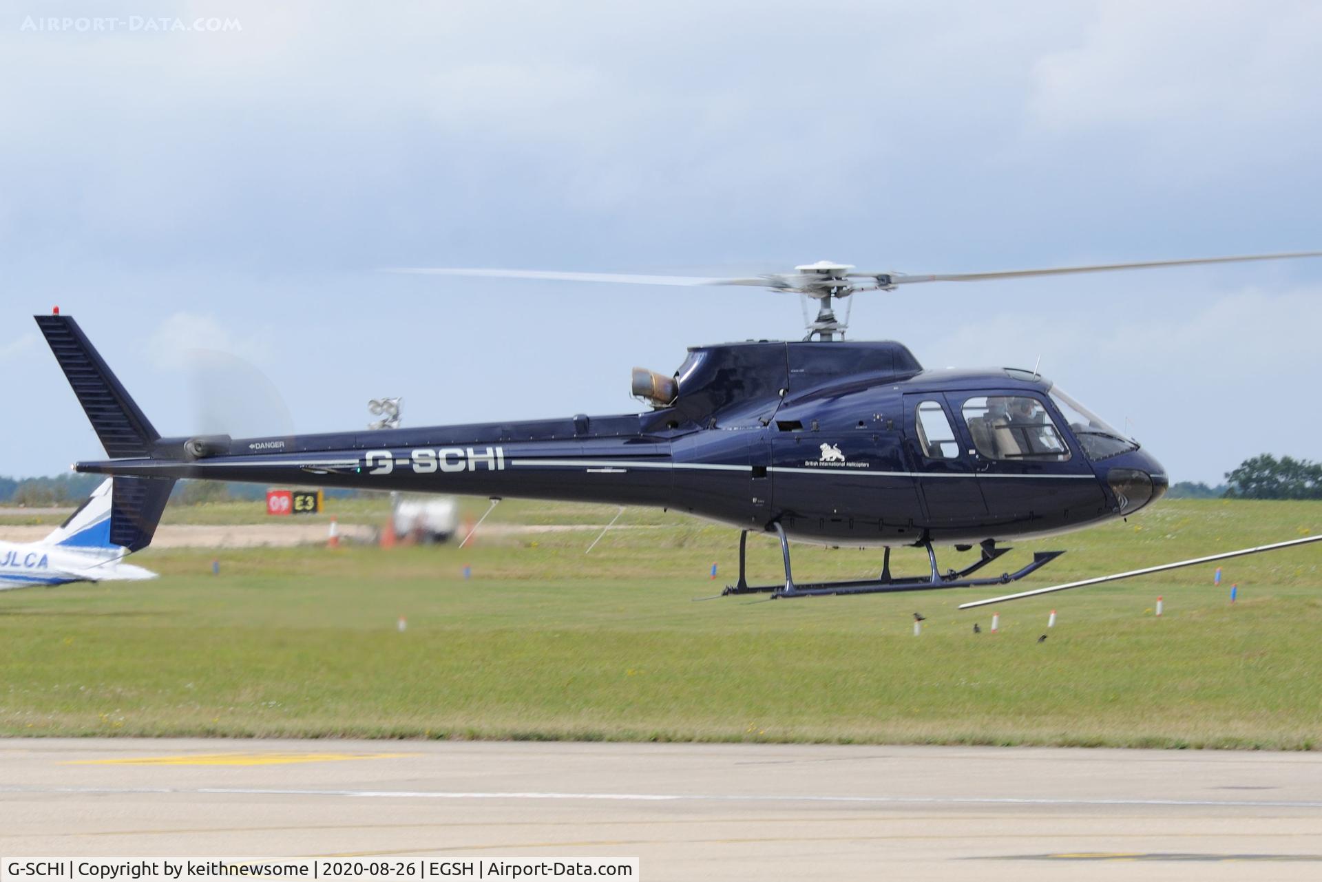 G-SCHI, 2000 Eurocopter AS-350B-2 Ecureuil Ecureuil C/N 3337, Leaving Norwich for Coventry.