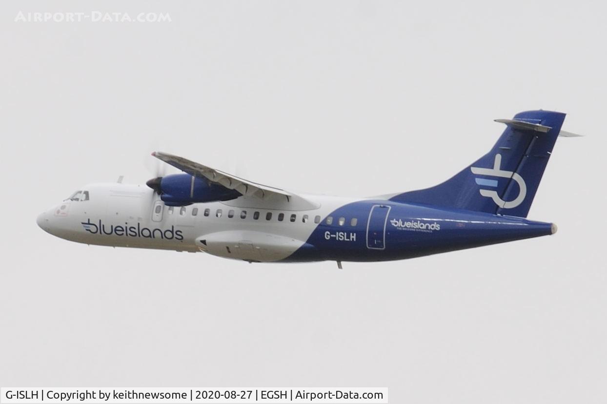 G-ISLH, 1990 ATR 42-320 C/N 173, Leaving Norwich for Jersey following paintwork.