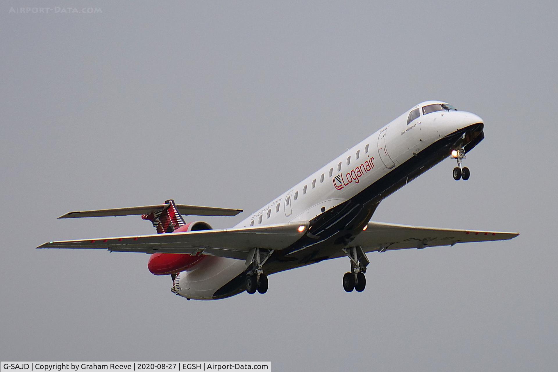 G-SAJD, 2001 Embraer EMB-145EP (ERJ-145EP) C/N 145454, Departing from Norwich.