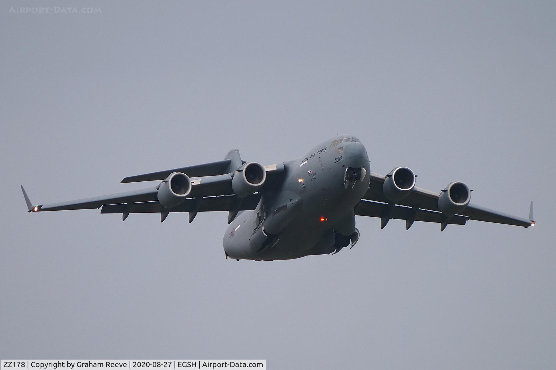 ZZ178, 2012 Boeing C-17A Globemaster III C/N F-245, Departing from Norwich.