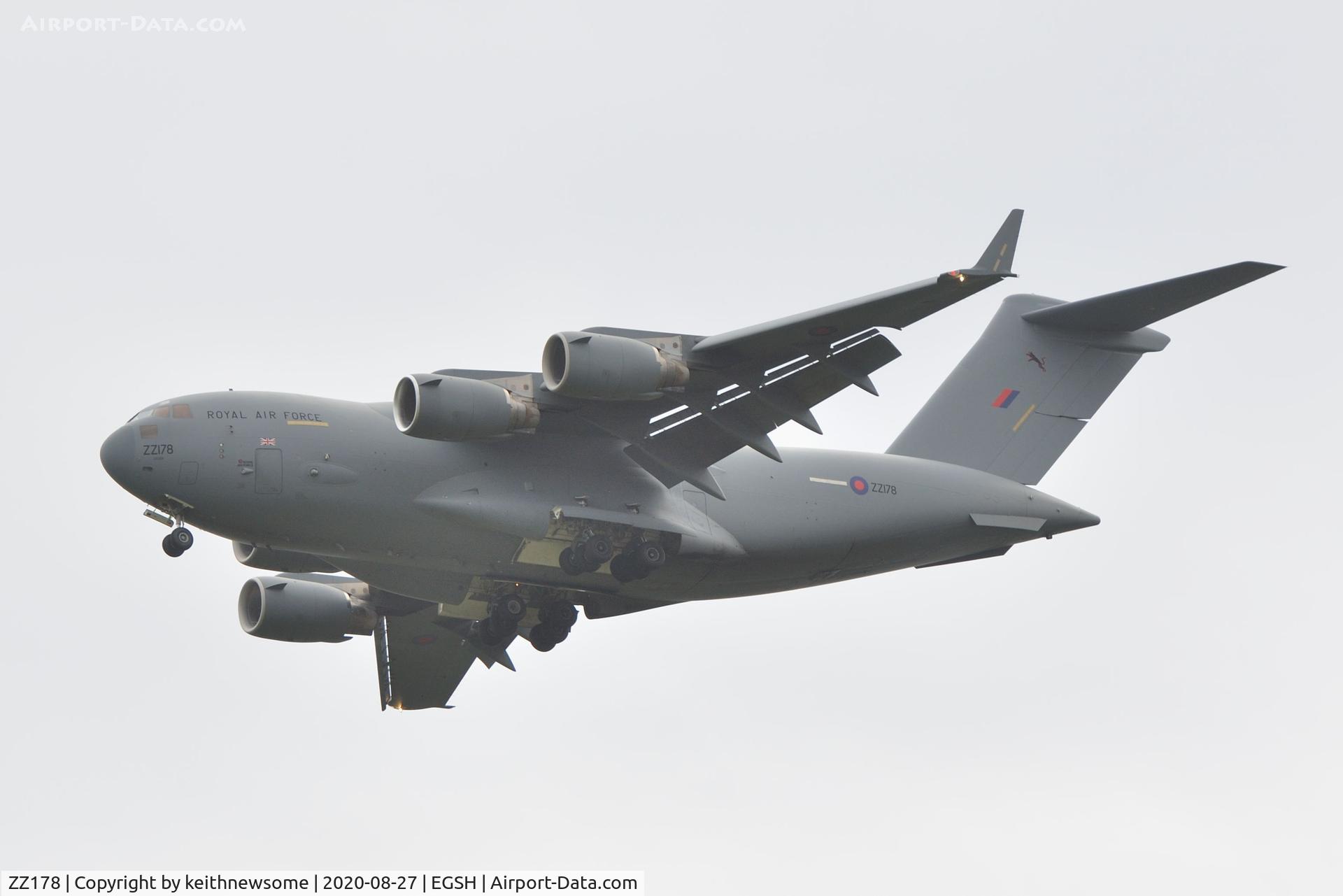 ZZ178, 2012 Boeing C-17A Globemaster III C/N F-245, Approaching runway 09 at Norwich.