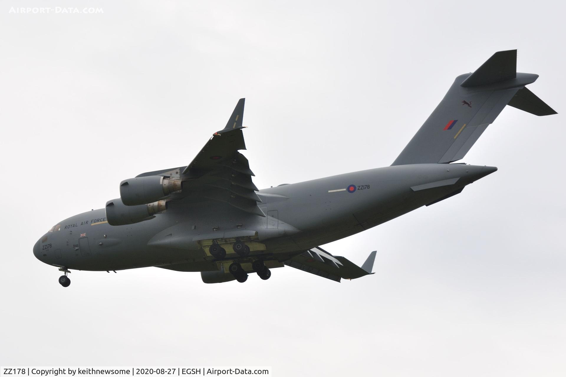 ZZ178, 2012 Boeing C-17A Globemaster III C/N F-245, approaching runway 09 at Norwich.