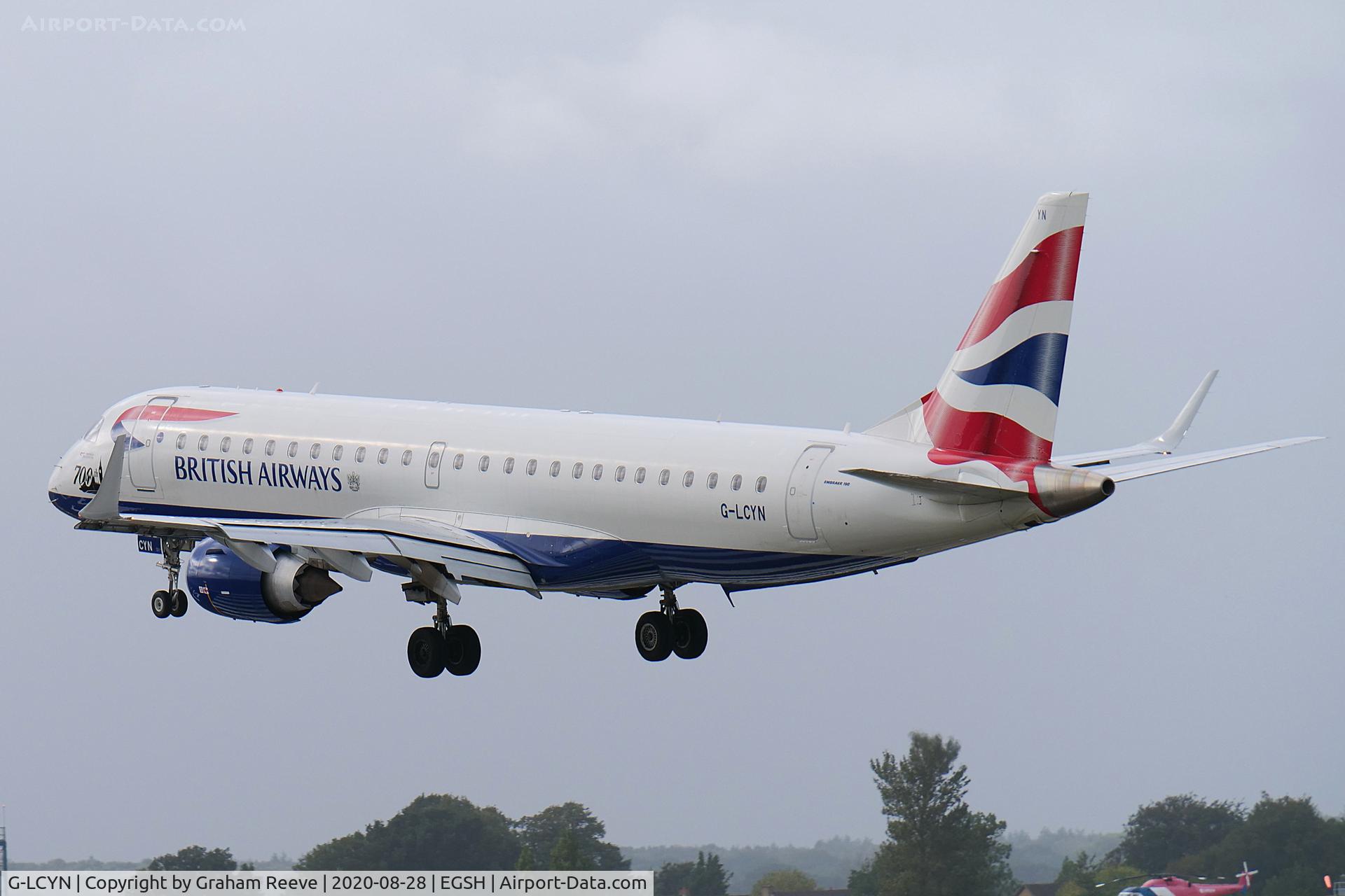 G-LCYN, 2010 Embraer 190SR (ERJ-190-100SR) C/N 19000392, Landing at Norwich.