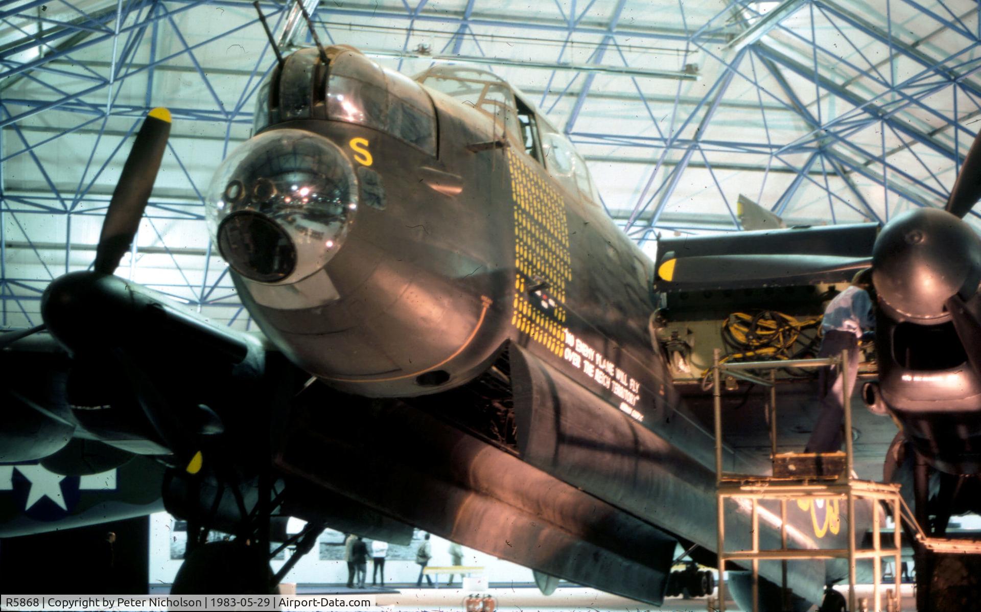 R5868, Avro 683 Lancaster B1 C/N Not found R5868, Lancaster B.1 S-Sugar of 467 Squadron of the Royal Air Force Museum Hendon as displayed in the Summer of 1983.
