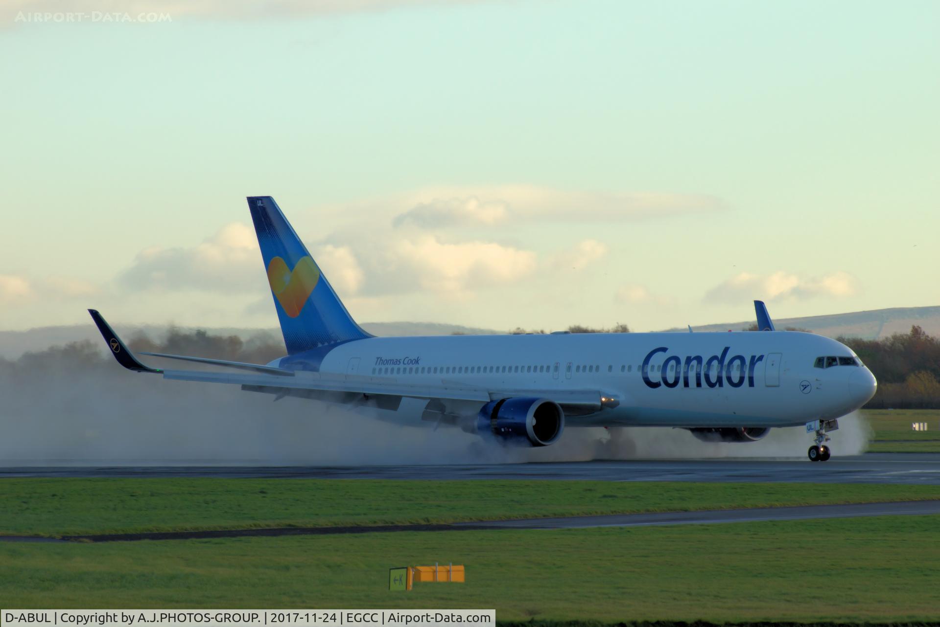 D-ABUL, 1994 Boeing 767-3Q8/ER C/N 26259, landing at man egcc uk on 23R on an wet runway