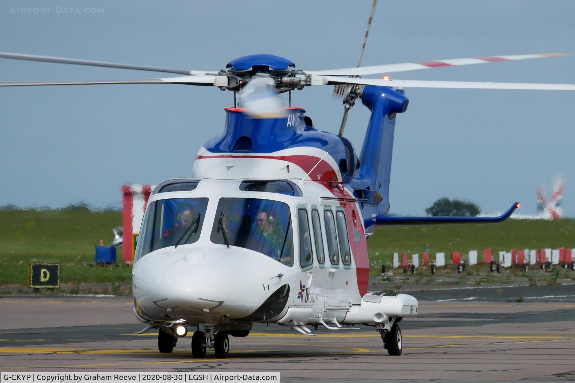 G-CKYP, 2013 AgustaWestland AW-139 C/N 41339, Departing from Norwich.